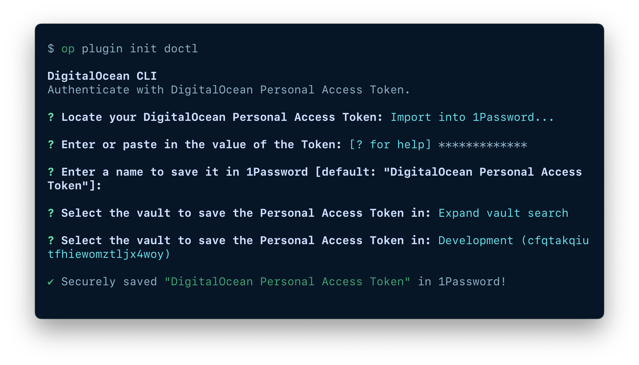A terminal window showing the fields available to import an item, including the token, item name, and vault.