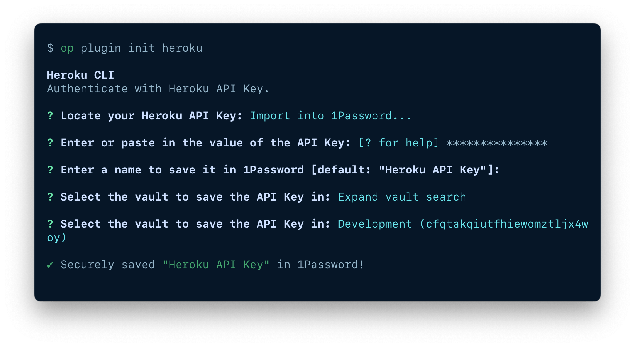 A terminal window showing the fields available to import an item, including the token, item name, and vault.