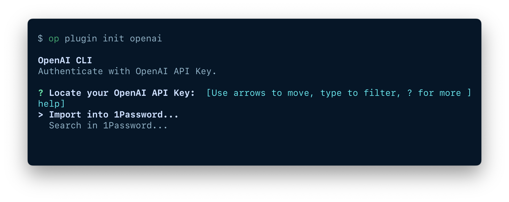 A terminal window displaying the op plugin init command and options to import or select an item.