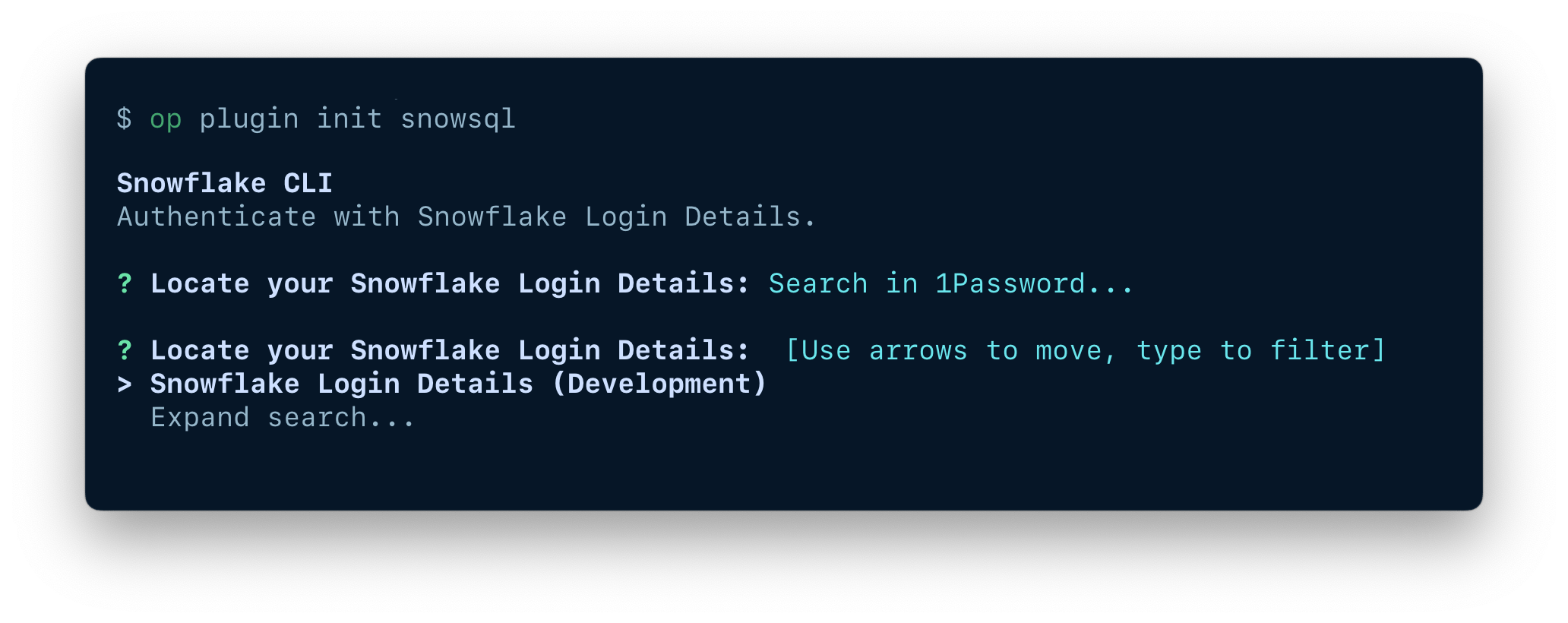 A terminal window showing the option to search for an existing item in your 1Password account.