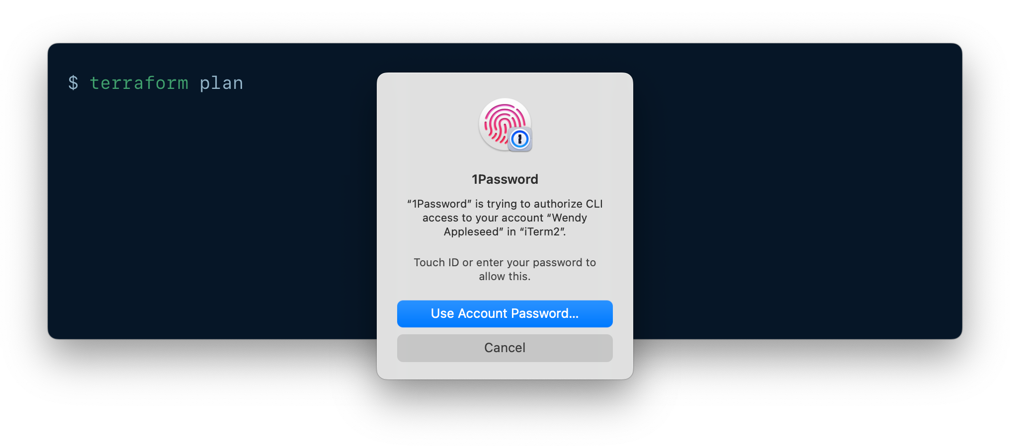 The terraform plan command being authenticated to AWS with Touch ID.