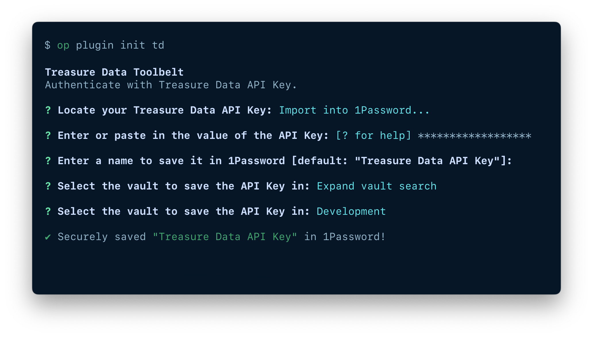 A terminal window showing the fields available to import an item, including the token, item name, and vault.