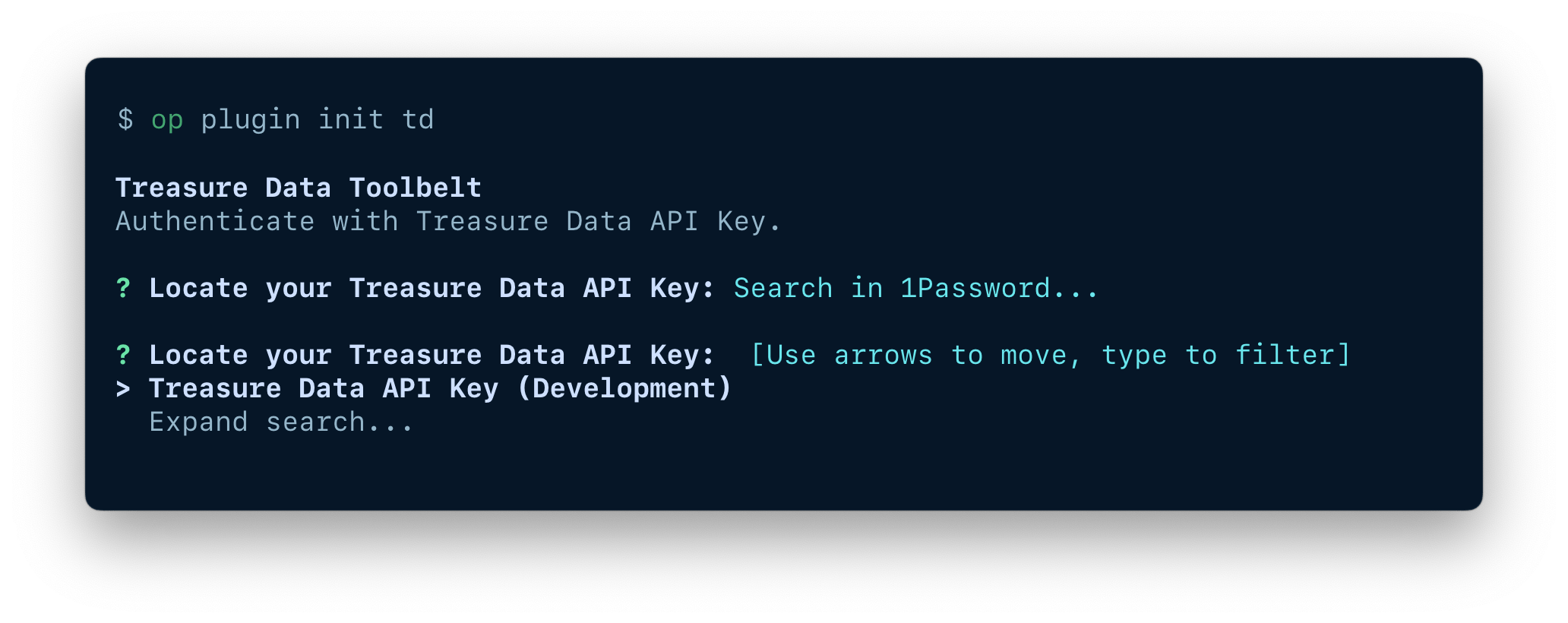 A terminal window showing the option to search for an existing item in your 1Password account.